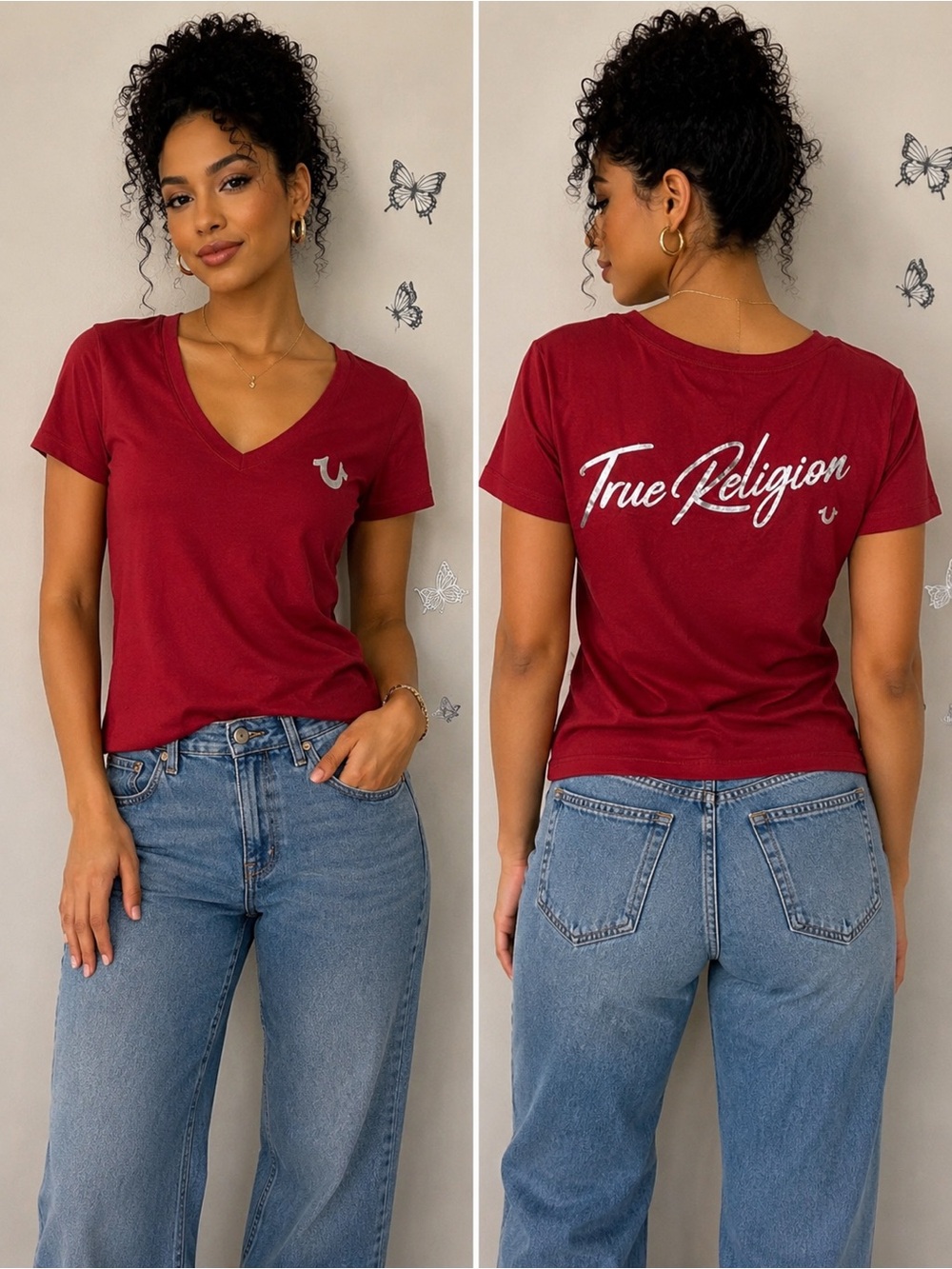 True Religion Women's V-Neck Logo Tee in Wine Red